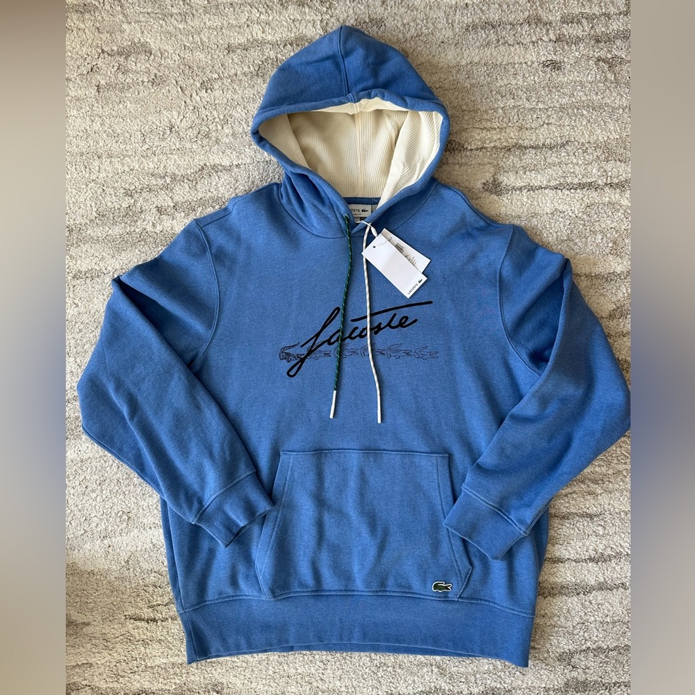 NWT Mens’a Lacoste Graphic Signature Logo Pullover Hoodie Blue Size 6 (XL)